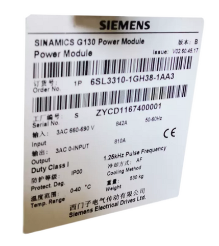 Siemens VFD Frequency Converter 6SL3310-1GH38-1AA3