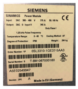 Siemens VFD Frequency Converter 6SL3310-1GE37-5AA3