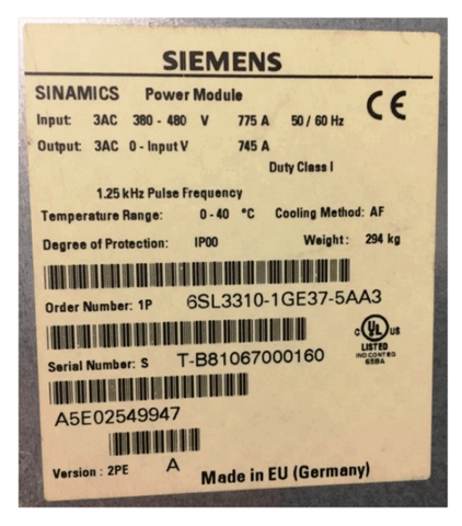 Siemens VFD Frequency Converter 6SL3310-1GE37-5AA3