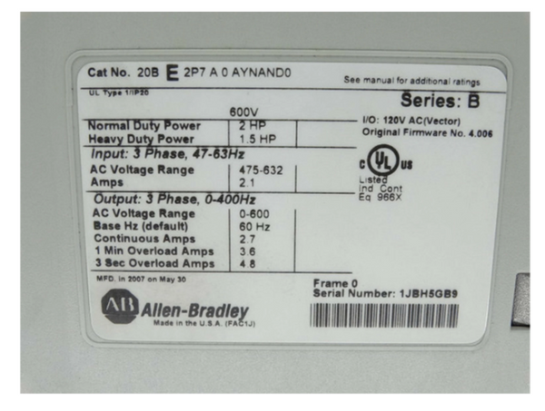 Rockwell Allen-Bradley PowerFlex 700 AC Drive 2.7 A at 2 Hp 20B 20BE2P7A0AYNAND0