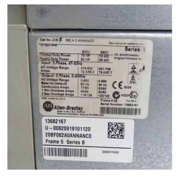 Rockwell Allen-Bradley PowerFlex 700 AC Drive 82 A 75 kW 20B 20BF082A0ANNANC0