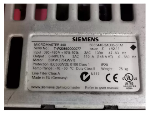Siemens VFD Frequency Converter 6SE6440-2AD35-5FA1