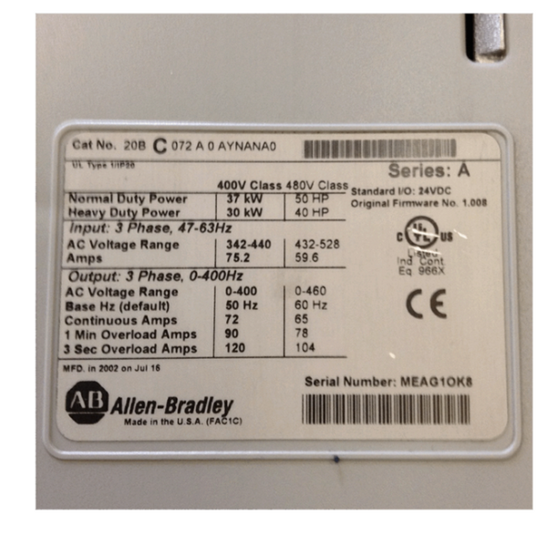 Rockwell Allen-Bradley PowerFlex 700 AC Drive 72 A 37 kW 20B 20BC072A0AYNANA0