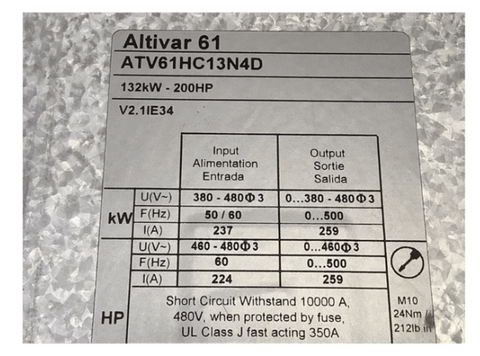 Schneider VFD Frequency Converter ATV61HC13N4D