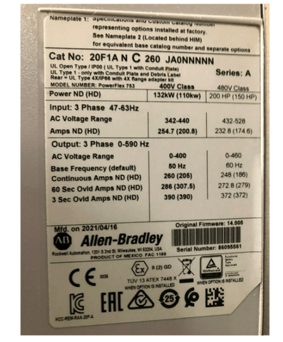 Rockwell Allen-Bradley PowerFlex Air Cooled 753 AC Drive 20F1ANC260JA0NNNNN