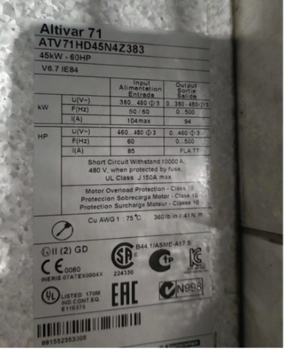 Schneider VFD Frequency Converter ATV71HD45N4Z383