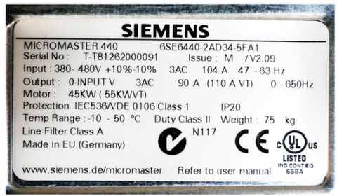 Siemens VFD Frequency Converter 6SE6440-2AD34-5FA1