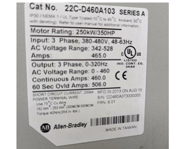Rockwell Allen-Bradley PowerFlex 400- 250 kW (350 HP) AC Drive 22C-D460A103