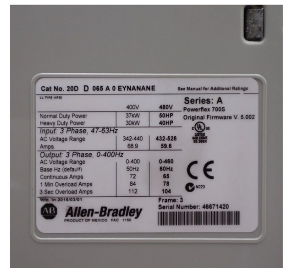 Rockwell Allen-Bradley PowerFlex 700S AC Drive 65 A 50 Hp 20D 20DD065A0EYNANANE