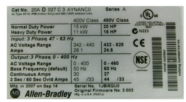Rockwell Allen-Bradley PowerFlex 70 AC Drive 27 A at 20 Hp 20A 20AD027C3AYNANC0