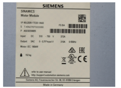 SIEMENS INPUT/OUTPUT Módulo 6SL3320-1TE33-1AA3