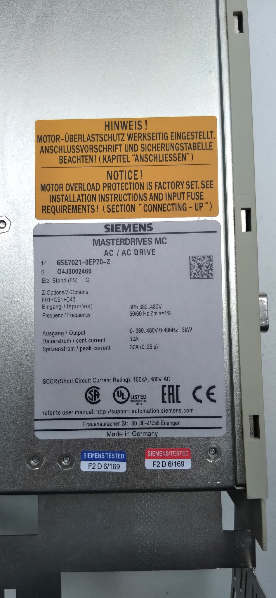 SIEMENS MASTERDRIVE 6SE7021-0EP70-Z (F01+G91+C43)